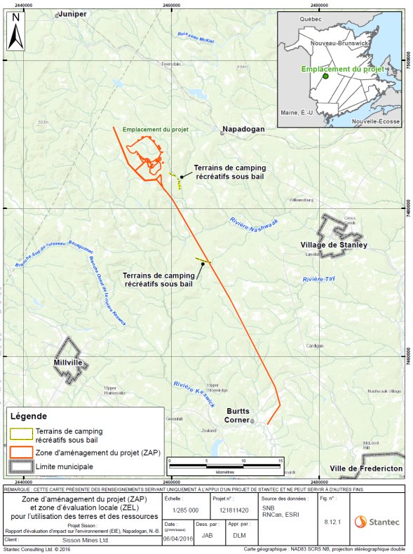 Figure 5.3&nbsp;: Emplacement des terrains de camping récréatifs et des résidences par rapport à la zone de développement du projet