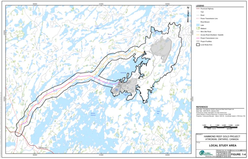 La carte montre que la zone d'étude locale inclut le droit de passage du corridor de la ligne de transmission et que les bassins hydrographiques du site sont liés aux zones humides et aux corridors riverains près du lac Long Hike, du lac Lizard et du réservoir Upper Marmion.