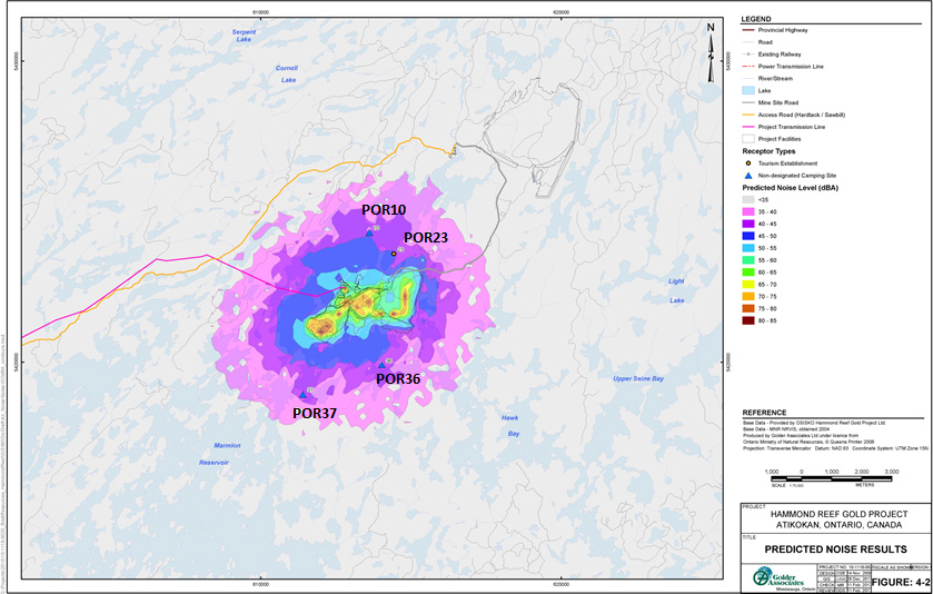 La carte montre les niveaux de bruit autour du site du projet. Dans les points d'accueil autour du site, les niveaux de bruit pourraient atteindre 45 décibels pondérés en gamme A.