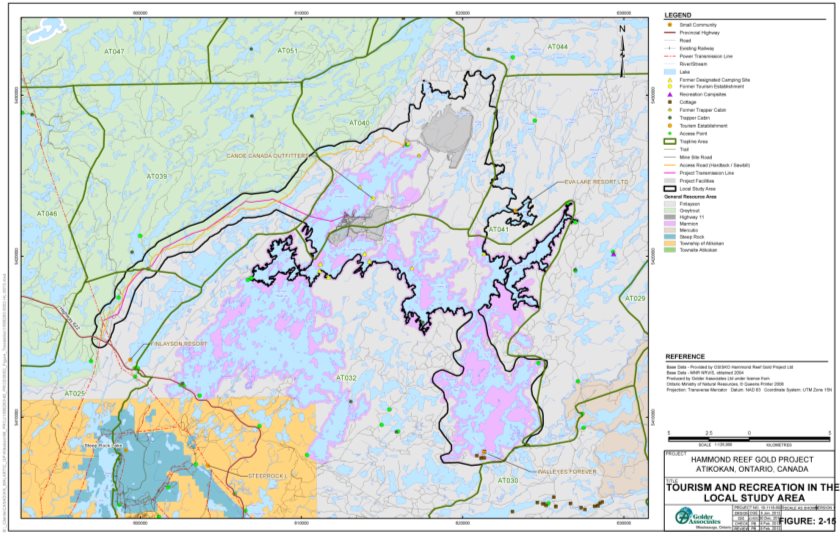 Six établissements touristiques sont à moins de 15 kilomètres du site du projet. La zone d'étude de l'infrastructure linéaire empiète sur des parties des deux zones de piégeage. La zone d'étude de la mine empiète sur des parties de deux autres zones de piégeage.