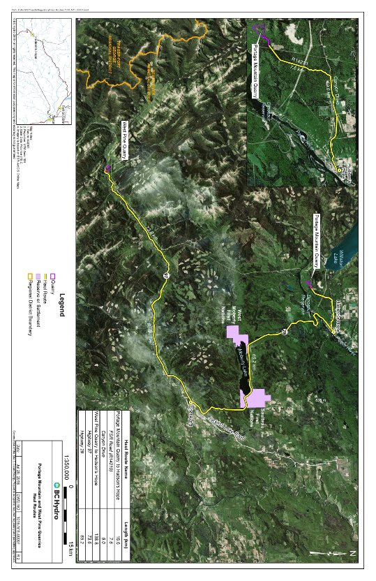 Figure 1. Location of Portage Mountain and West Pine Quarries and proposed haul routes from each quarry