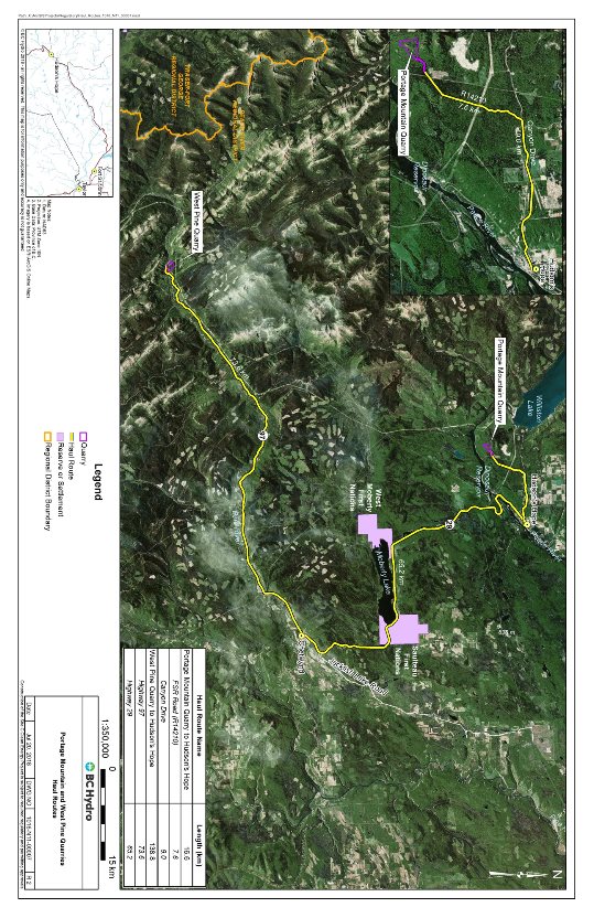 Figure 1. Emplacement des carrières Portage Mountain et West Pine et routes de transport proposées à partir de chaque carrière