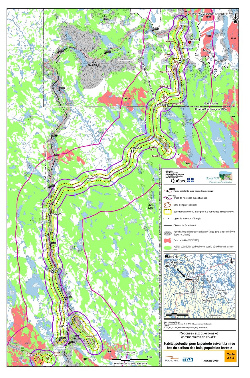 Figure 14: Habitat potentiel pour la période suivant la mise bas du caribou boréal