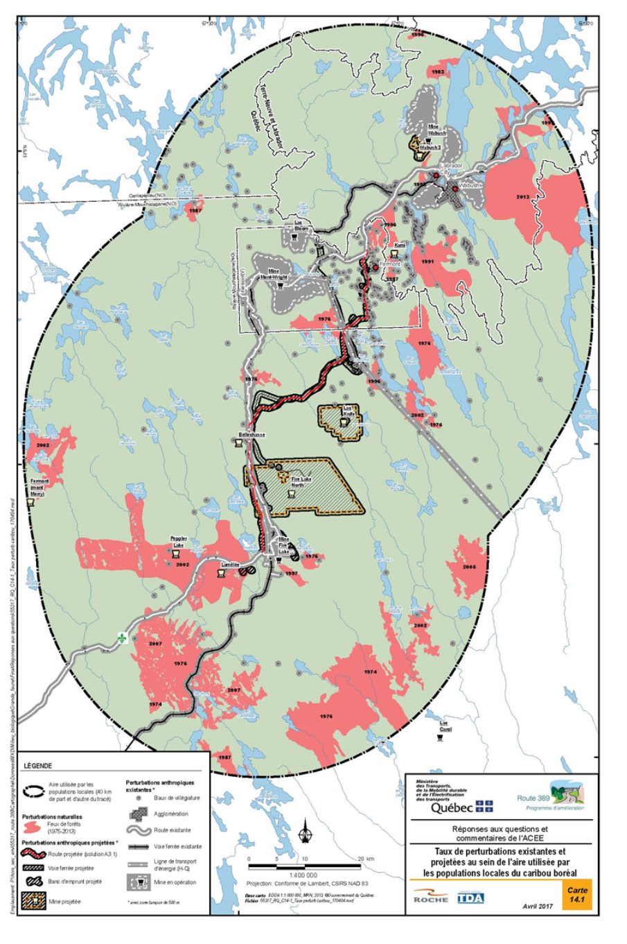 Figure 20: Taux de perturbations existantes et projetées au sein de l'aire utilisée par les populations locales du caribou boréal