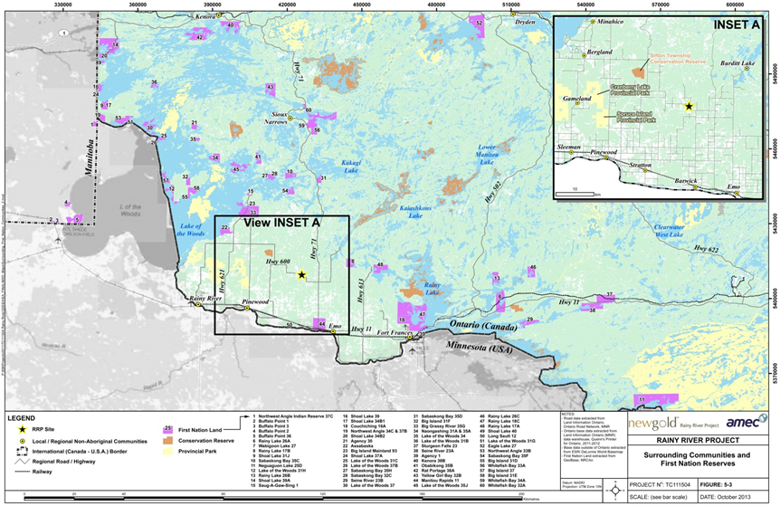 Title: Communities and First Nation Reserves surrounding the project site - Description: Map showing the location of communities and First Nation reserves near the project site, described in text in section 5.2.
