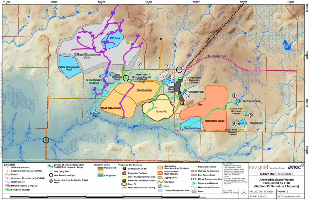 Title: Aquatic Habitat Displaced by Mine Features - Description: Map showing displacement of aquatic habitat by mine features described in text in section 6.2.2.