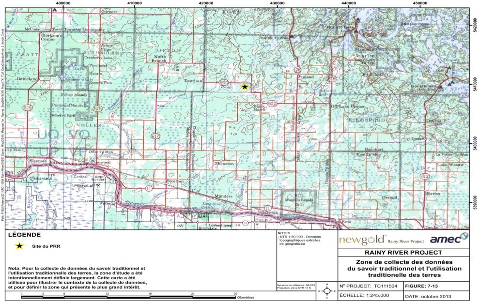 Carte illustrant l'emplacement de la zone d'étude du promoteur pour la collecte de données sur les connaissances traditionnelles et l'usage traditionnel des terres. La zone d'étude a été définie de manière large dans un but précis. Cette carte a été utilisée pour mettre en contexte la collecte d'information et définir les zones qui suscitent le plus d'intérêt. 