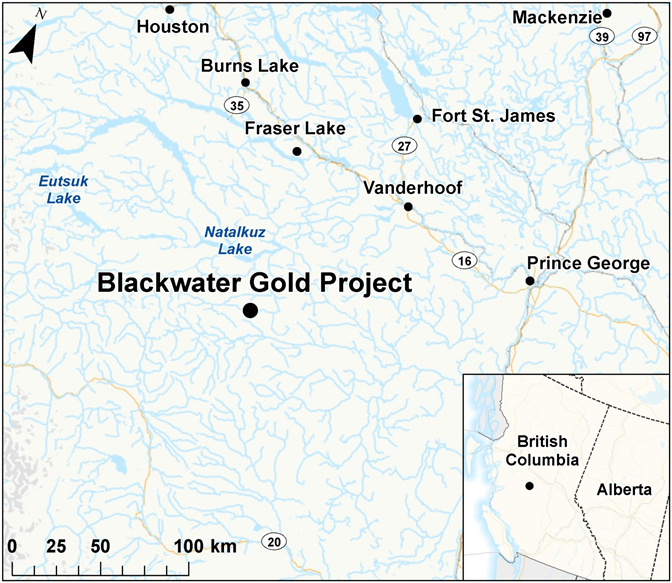 Map showing the location of the project southwest of Vanderhoof and west of Prince George.