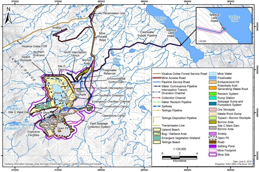 Map showing the layout of the Project's components, including the mine access road, transmission line, and open pit.
