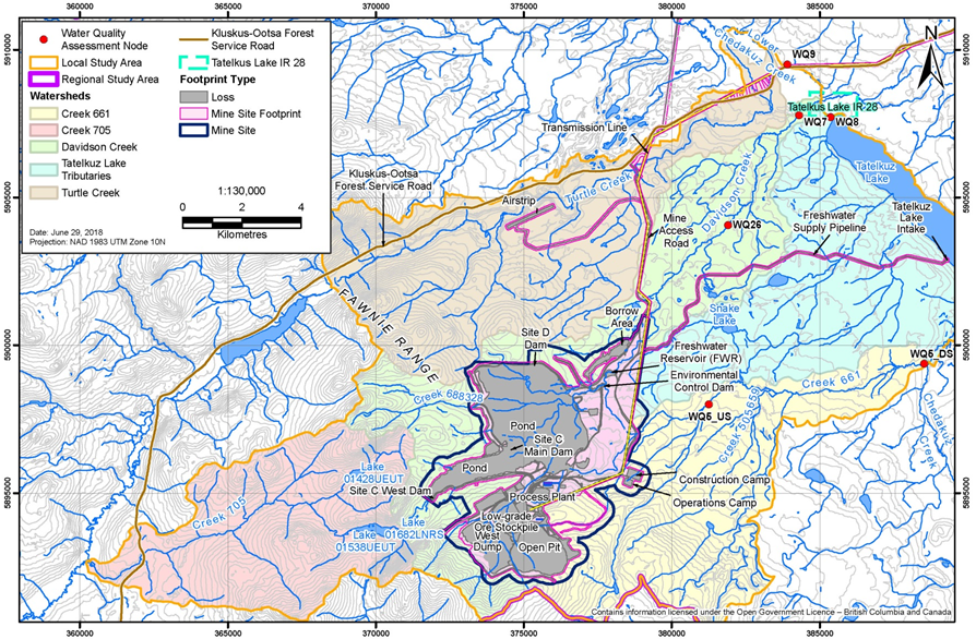 Map showing the mine site and its components relative to nearby watersheds, lakes, and creeks. It also shows the local and regional study areas for the aquatic environment, and water quality assessment locations.