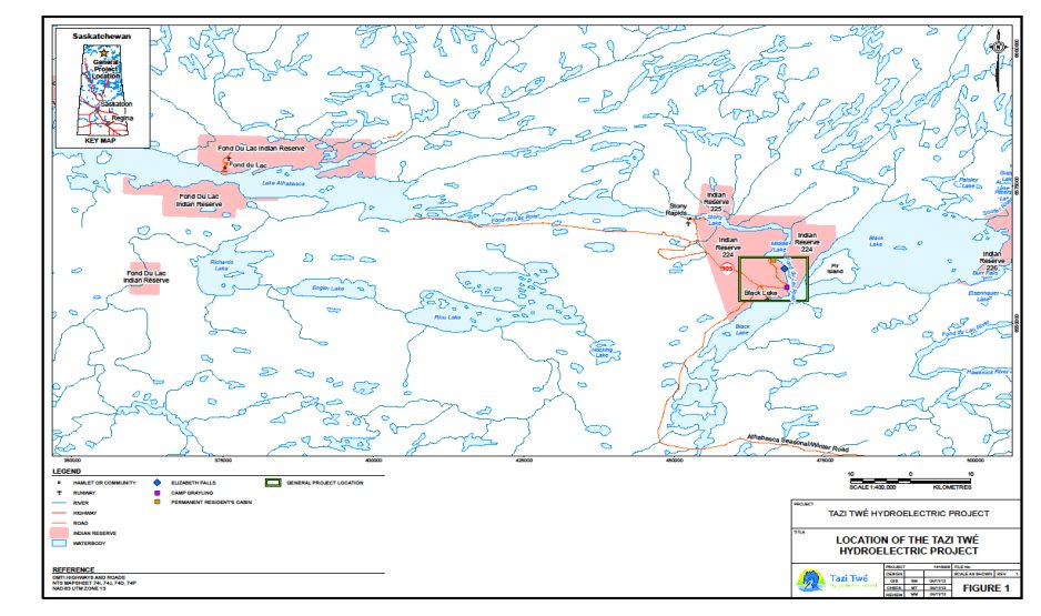 Figure 1 shows the project location along the Fond du Lac River between Black Lake and Middle Lake in Northern Saskatchewan. The Figure shows that the project is on Black Lake First Nation's Indian Reserve number 224. The nearest community to the project is the northern hamlet of Stony Rapids.