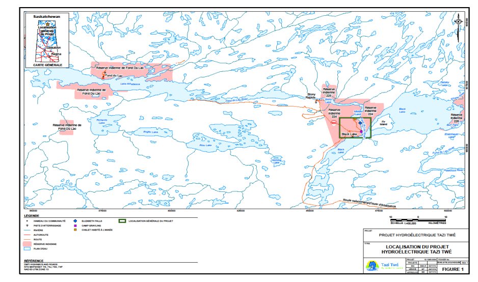 La figure 1 illustre l'emplacement du projet le long de la rivière Fond du Lac entre le lac Black et le lac Middle, dans le nord de la Saskatchewan. La carte indique que le projet se situe sur le territoire de la réserve indienne no 224 de la Première Nation de Black Lake. La collectivité la plus proche du projet est la collectivité Northern Hamlet de Stony Rapids.