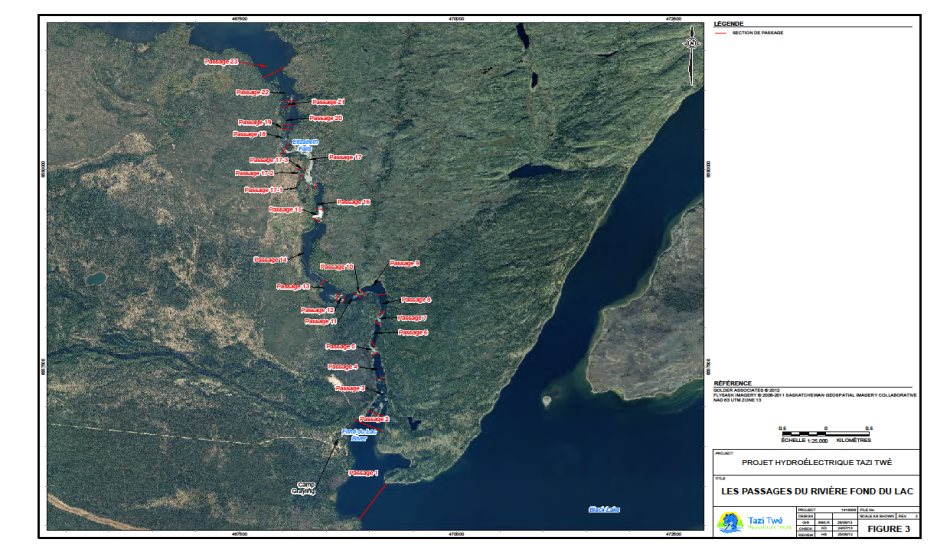 La figure 3 illustre la répartition des 23 ponceaux désignés par le promoteur sur la rivière Fond du Lac, entre le lac Black et le lac Middle. Chaque ponceau est assigné à un segment particulier de la rivière. La figure indique également l'emplacement du camp Grayling le long de la rivière et l'emplacement des chutes Elizabeth.