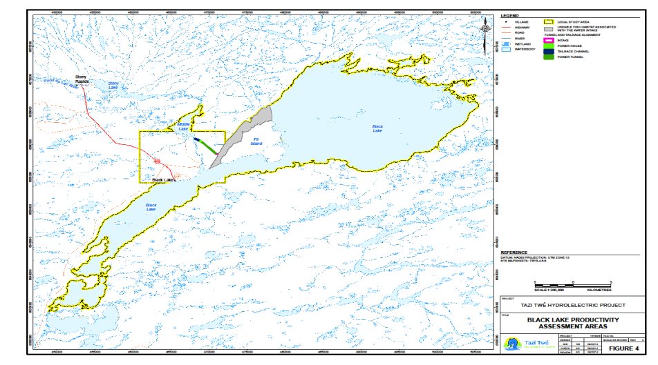 Figure 4 shows the area between Fir Island and the north shore of Black Lake where the water intake structre for the project will be located, and the extent of the area that fish may be affected by entrainment or impingement at the water intake structure.