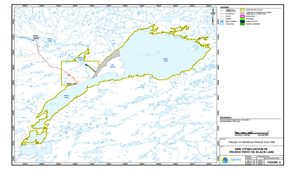 La figure 4 illustre la zone entre l'île Fir et la rive nord du lac Black, où sera située la structure de prise d'eau du projet. Elle indique également la superficie de la zone où le poisson est susceptible de subir des effets d'entraînement ou d'impaction en raison de la prise d'eau.