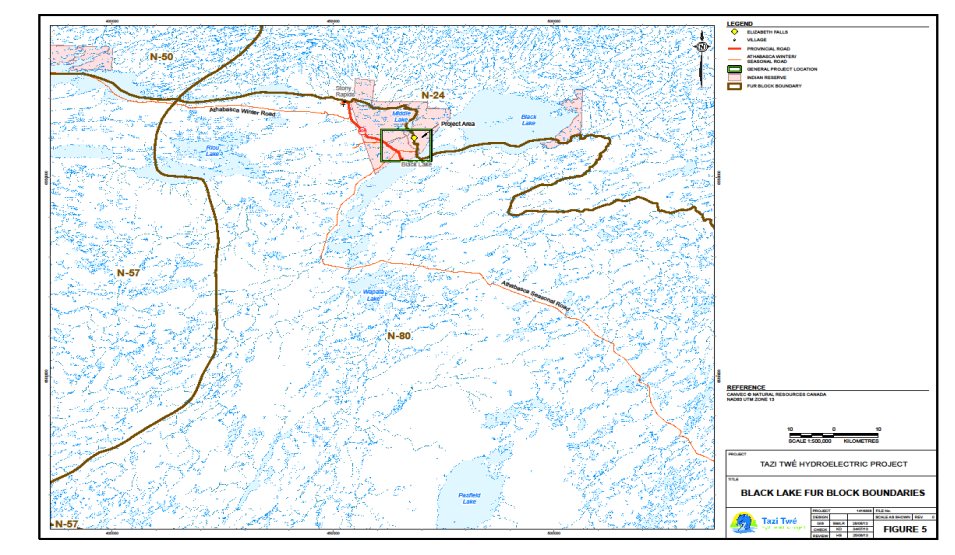 Figure 5 shows the location of the fur blocks in the region in relation to the project area. The project area overlaps between fur blocks N-24 and N-80 and is wholly located on the Black Lake First Nation's Indian Reserve number 224.