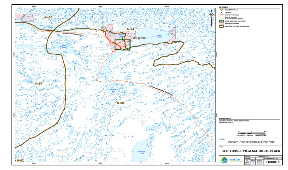 La figure 5 illustre l'emplacement des zones de piégeage dans la région par rapport à la zone du projet. La zone du projet chevauche les zones de piégeage N-24 et N-80 et se trouve entièrement sur le territoire de la réserve indienne no 224 de la Première Nation de Black Lake.