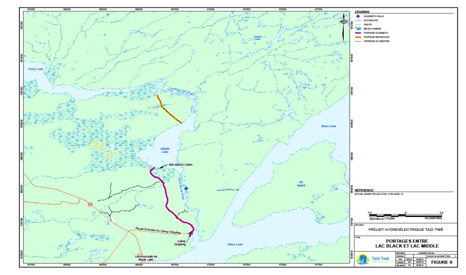 La figure 6 indique un sentier de portage à partir du camp Grayling jusqu'au lac Middle. Le sentier se trouve sur la rive opposée (rive ouest) de la rivière Fond du Lac par rapport au projet. La figure illustre également un autre sentier de portage à partir de l'exutoire du lac Middle passant par-dessus un autre tronçon de la rivière Fond du Lac jusqu'au lac Stony.