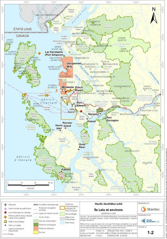 Carte illustrant l'emplacement du projet sur l'île Lelu, comme il est décrit dans la section 2.1. Sur cette même carte, on note également l'emplacement des réserves indiennes et d'autres communautés environnantes, ainsi que des réserves écologiques, des zones protégées et des zones de conservation.