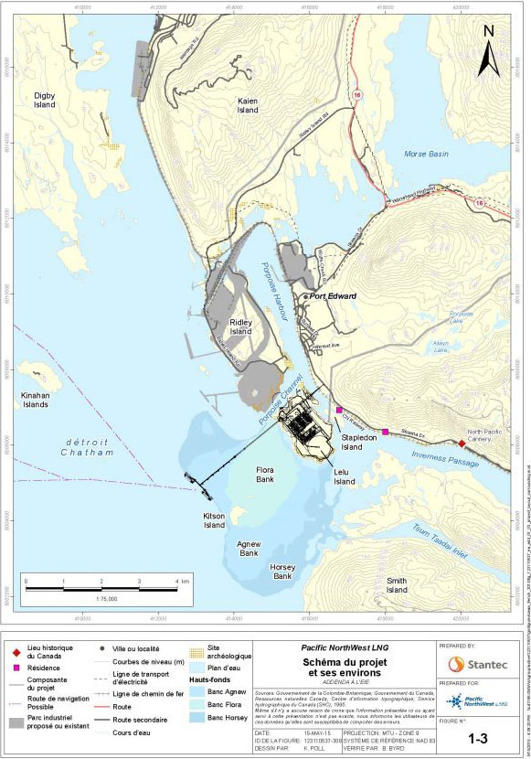 Cette carte illustre le plan d'aménagement général des composantes du projet décrites à la section 2.3, et d'autres zones de développement industriel existant ou proposé, des résidences à proximité et un lieu historique du Canada (Conserverie-North Pacific). La carte indique également le banc Flora, situé tout juste au sud-ouest de l'emplacement proposé pour le terminal maritime du projet.