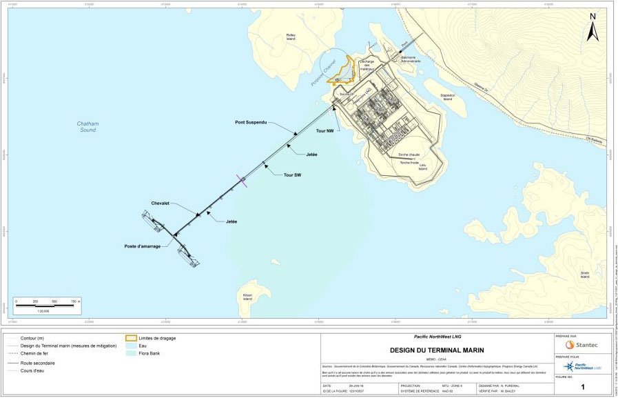 Cette carte illustre un plan plus détaillé des composantes du projet décrites à la section 2.3, y compris des détails du terminal maritime comme les postes d'amarrage, un pont suspendu et un pont sur chevalets.