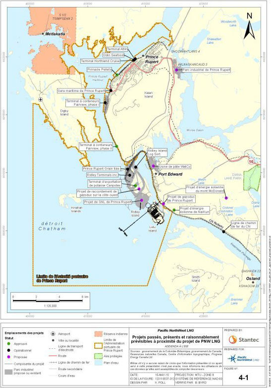 Cette carte illustre l'emplacement de projets passés, présents et raisonnablement prévisibles à proximité du projet de GNL de PNW, comme il est décrit dans le tableau 12. Parmi ceux-ci, les activités industrielles, les terminaux maritimes, la circulation des navires, la foresterie et la pêche.