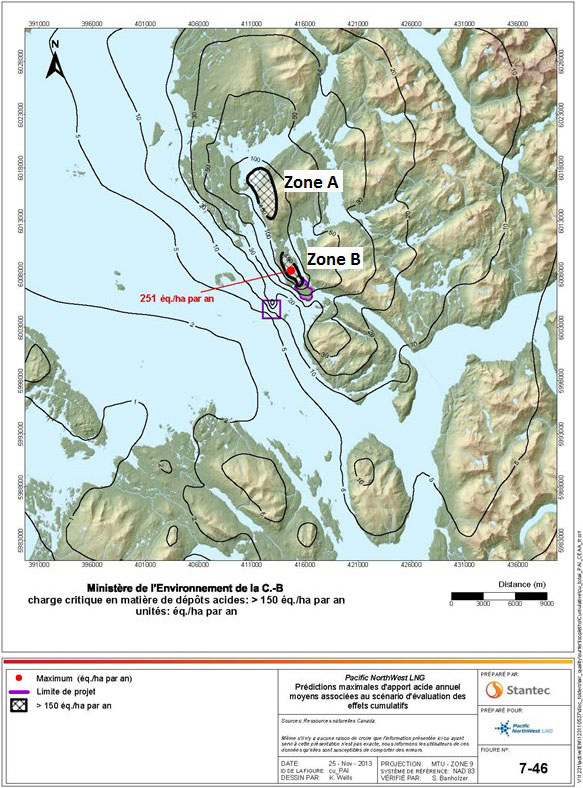Cette carte illustre deux zones distinctes, toutes deux situées au nord-ouest du projet, là où les niveaux établis de dépôts acides excèdent le seuil de charge critique établi par le ministère de l'Environnement de la Colombie-Britannique. Le tout est décrit à la section 7.3.2 du présent rapport.