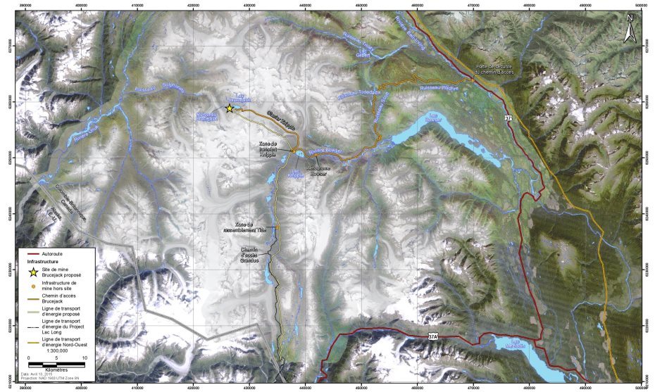 Carte montrant les composantes du projet comme le décrit la section 2.2. La carte montre aussi l'emplacement des autoroutes 37 et 37A, le glacier Knipple, l'aérodrome Bowser, la route d'accès Granduc, et l'aire de transbordement Tide