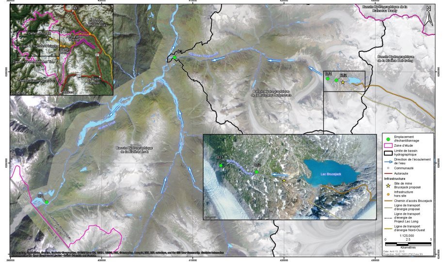 Carte montrant l'emplacement des sites d'échantillonnage de la qualité et la quantité de l'eau dans le bassin hydrographique de la rivière Unuk, comme le décrit la section 6.1.1. La carte définit trois sites d'échantillonnage ? deux dans la partie supérieure du ruisseau Sulphurets, en aval du Lac Brucejack, et un dans la partie inférieure du ruisseau Sulphurets immédiatement en amont de sa confluence avec la rivière Unuk