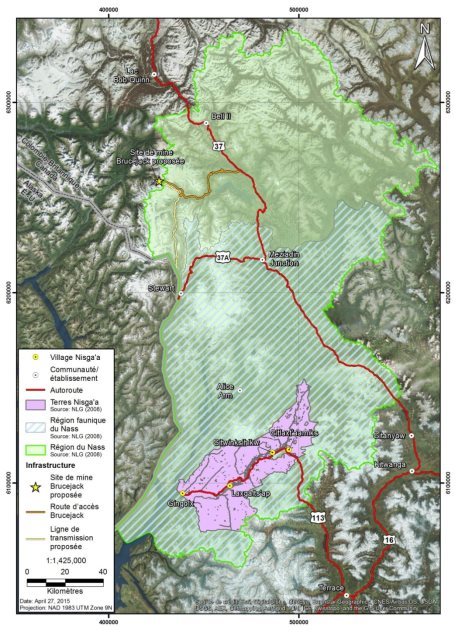 Carte montrant les terres Nisga'a, la région faunique du Nass et la région du Nass du nord West C.-B. comme décrit dans la section 8. La carte inclue aussi l'emplacement de plusieurs communautés, ainsi que la frontière entre le Canada et les États-Unis, le site du projet de mine d'or Brucejack, la route d'accès de la mine Brucejack et la ligne de transmission d'électricité proposé et les autoroutes 37, 37A, 113, et 16