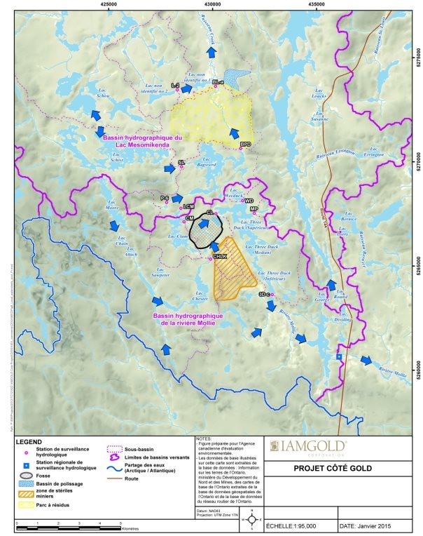 Une arte délimitant les bassins hydrographiques locaux et les directions de l'écoulement de l'eau existantes au sein de la zone environnante s'étendant au-delà des zones d'étude biologique aquatique locale et régionale.