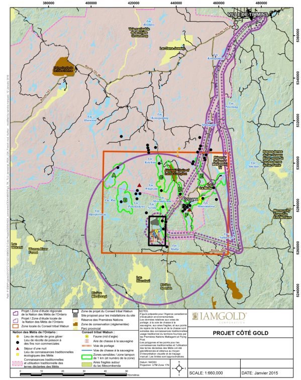 Une carte délimitant les zones de savoir traditionnel et l'utilisation traditionnelle des terres, ainsi que les zones d'importance pour les groupes autochtones dans les zones d'étude aquatique locale et régionale en ce qui concerne l'empreinte du plan de situation provisoire.