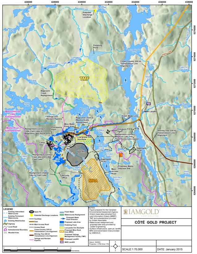 A map displaying the proposed location of each project component for the Côté Gold Mine Project.