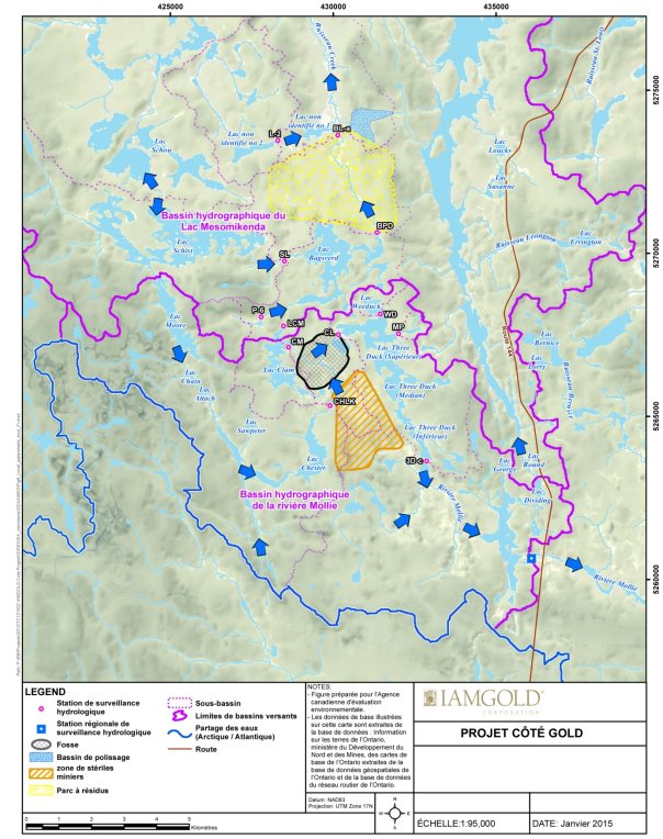Une arte délimitant les bassins hydrographiques locaux et les directions de l'écoulement de l'eau existantes au sein de la zone environnante s'étendant au-delà des zones d'étude biologique aquatique locale et régionale.