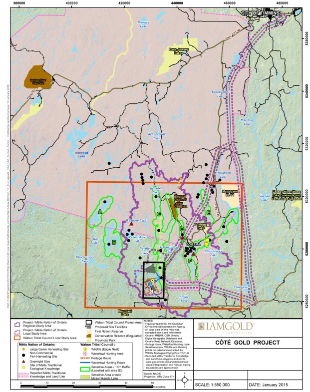 A map delineating traditional knowledge and land use areas and areas of importance to Aboriginal peoples in the local and regional aquatic study areas in relation to the preliminary site plan footprint.