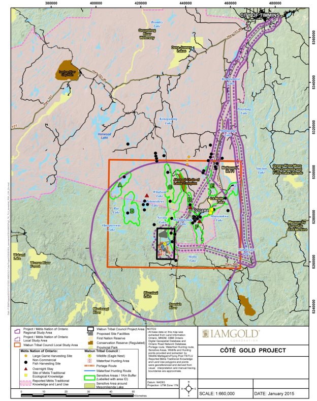 A map delineating traditional knowledge and land use areas and areas of importance to Aboriginal peoples in the local and regional terrestrial study areas in relation to the preliminary site plan footprint.