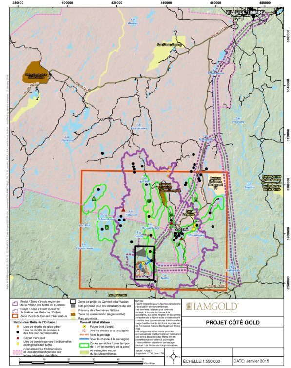 Une carte délimitant les zones de savoir traditionnel et l'utilisation traditionnelle des terres, ainsi que les zones d'importance pour les groupes autochtones dans les zones d'étude terrestre locale et régionale en ce qui concerne l'empreinte du plan de situation provisoire.
