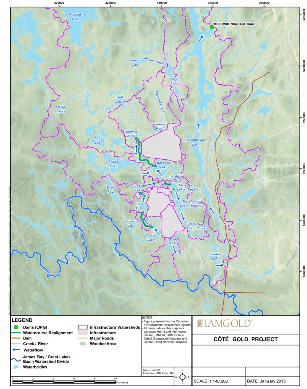 A map delineating anticipated local watershed boundaries and water flow directions within the Mollie River and Mesomikenda Lake subwatersheds, including dams and watercourse realignments, throughout the operations phase to the end of stage 1 of the abandonment phase.