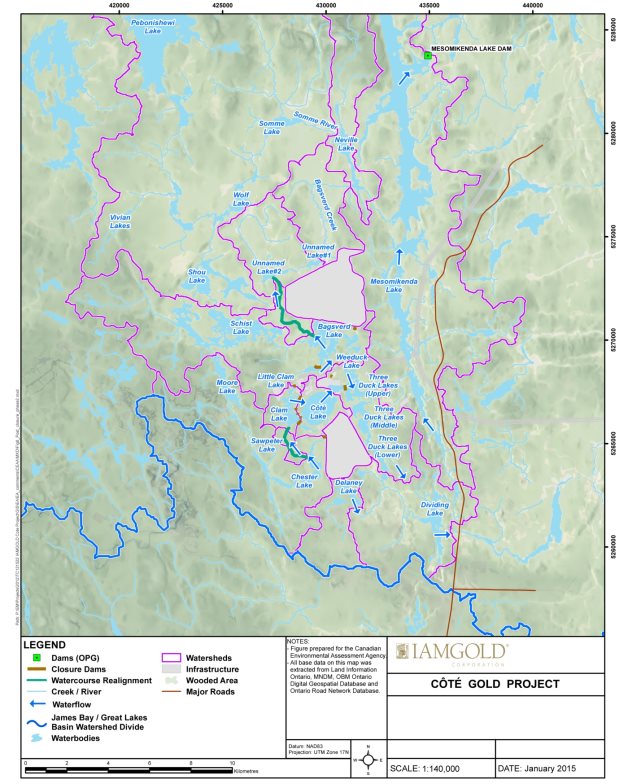 A map delineating anticipated local watershed boundaries and water flow directions within the Mollie River and Mesomikenda Lake subwatersheds at Abandonment Phase 2.