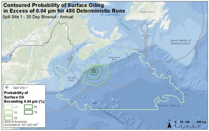 Carte montrant des contours représentant l'étendue calculée par le modèle de la pollution de la surface de la mer par le pétrole après une éruption au site modèle 1. Les contours représentent la probabilité (en pourcentage) que le pétrole se propage jusqu'à une certaine distance. Les contours montrés correspondent à des probabilités de moins de 1 %, de 10 %, de 25 %, de 50 % et de 75 %.