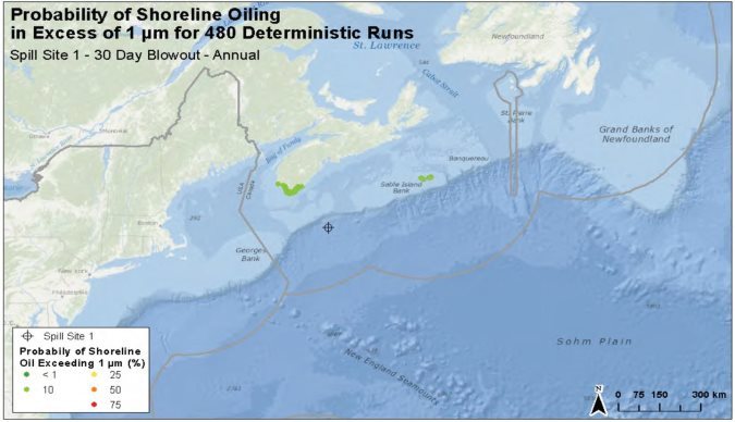 Carte montrant les probabilités que le pétrole déversé par une éruption au site no 1 du modèle atteigne un littoral donné.