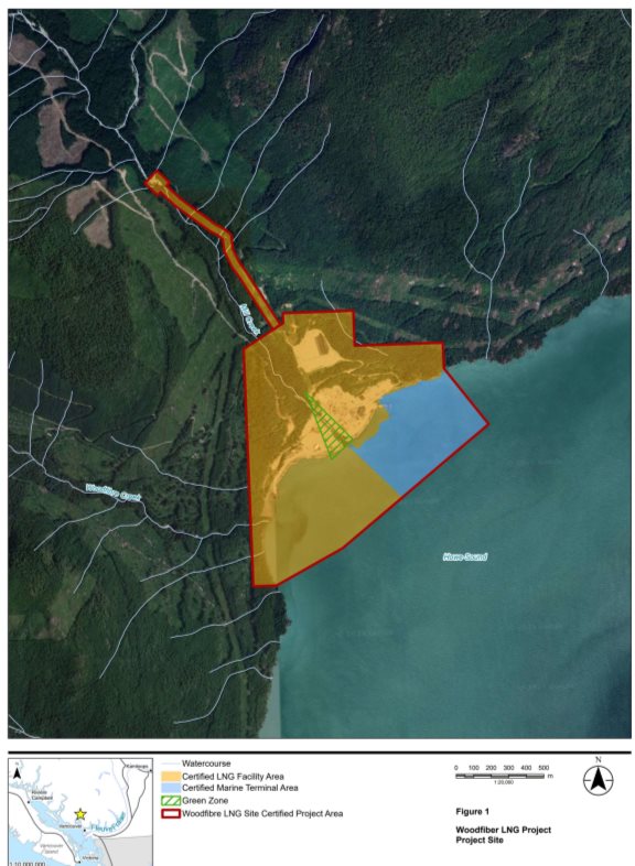 Figure 1 – Outline of the Woodfibre LNG certified project area on top of a satellite map of the project area including Howe Sound, Mill Creek, and Woodfibre Creek. The map differentiates the terrestrial and marine areas using different colors.