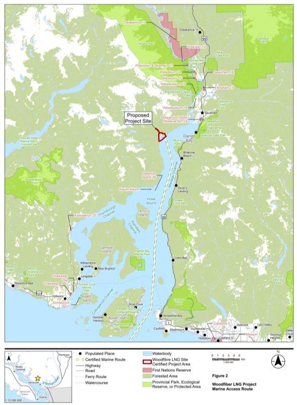 Figure 2 - Map of the marine access route for the Woodfibre LNG Project. Map depicts the access route going east of Bowen, Gabier, and Anvil islands to the project site on the west side of Howe Sound near Squamish.