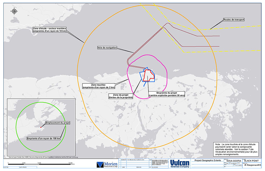 Une carte illustrant les limites géographiques de la zone du projet, de la zone touchée et de la zone d'étude pour l'évaluation environnementale, telles qu'elles sont définies par le promoteur.
