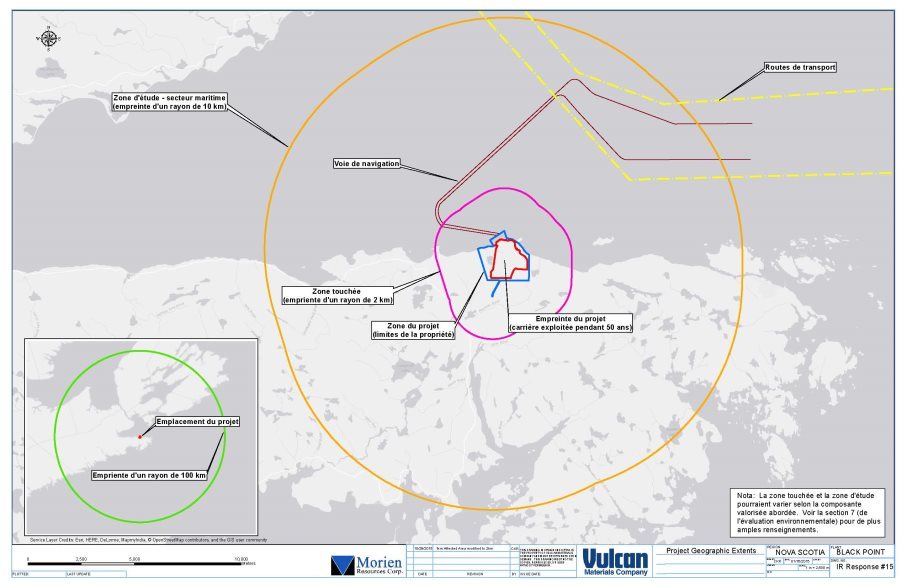 Une carte illustrant les limites géographiques de la zone du projet, de la zone touchée et de la zone d'étude pour l'évaluation environnementale, telles qu'elles sont définies par le promoteur.