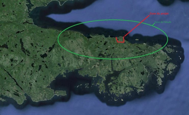 Une carte illustrant la portée géographique de la zone d'étude pour l'étude du savoir écologique des Mi'kmaq, réalisée par le promoteur.