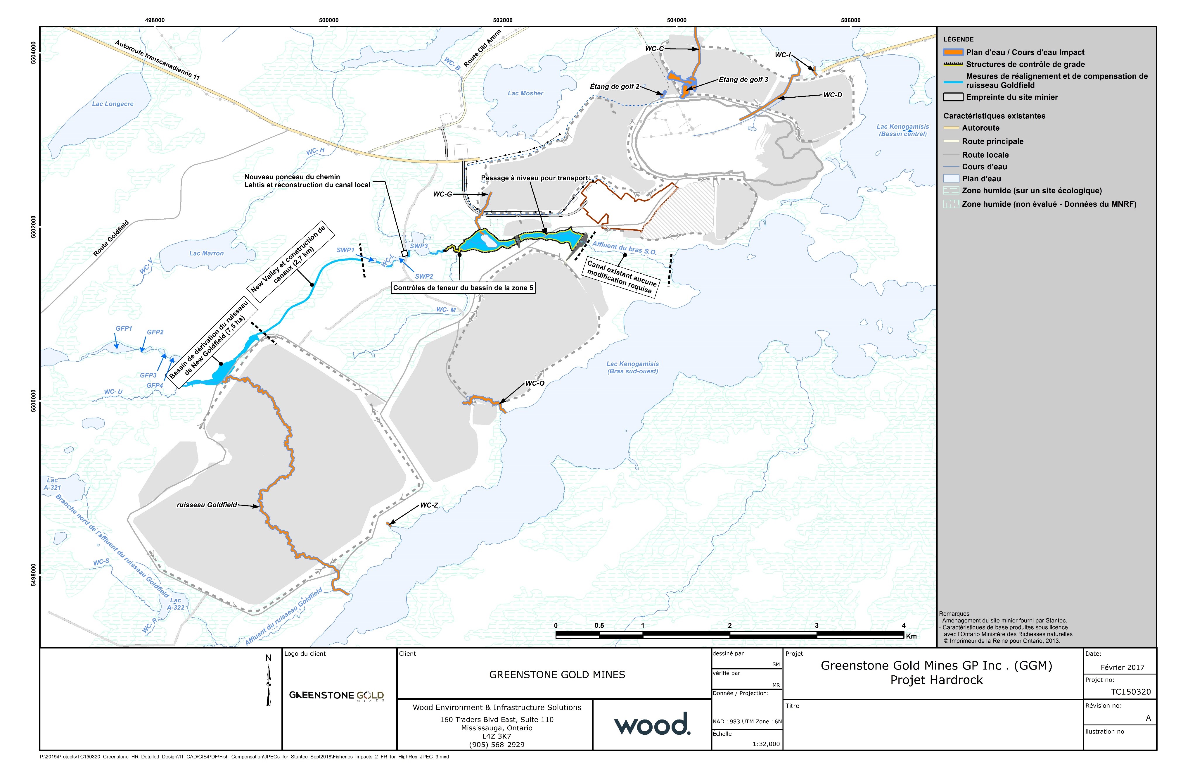 Figure 13 - Emplacements des plans d'eau et des cours d'eau qu'on propose d'enlever et mesures de compensation proposées