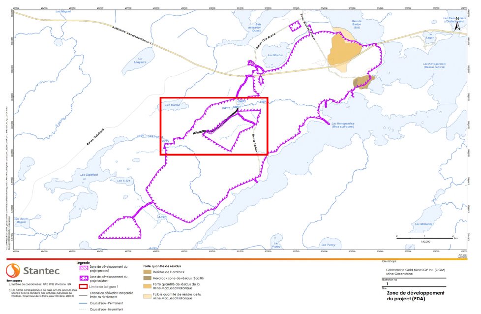 Carte à échelle réduite affichant la limite de la carte agrandie de la figure 1 et l'ensemble de la zone de développement du projet (PDA). La carte fournit une vue d'ensemble du contexte géographique et de l'étendue de la PDA par rapport à l'emplacement du canal de dérivation temporaire.