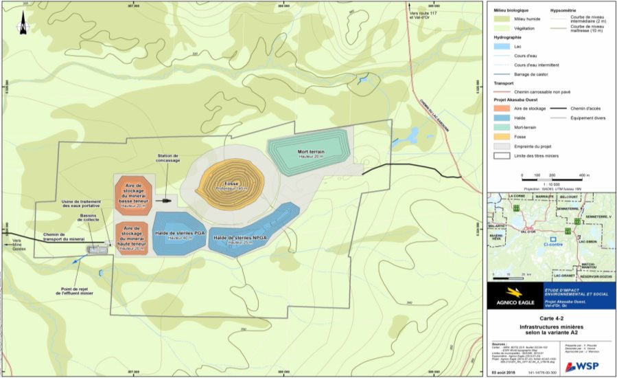 Figure 6: Variantes A2 d'emplacements et de configurations des aires d'accumulation des roches stériles, dépôts meubles et minerai