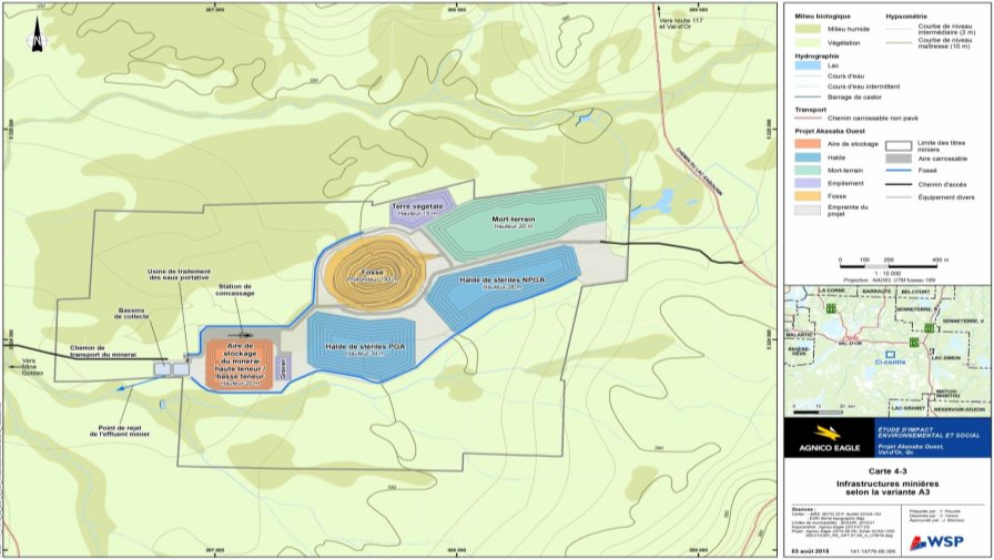 Figure 7: Variante A3 d'emplacements et de configurations des aires d'accumulation des roches stériles, dépôts meubles et minerai